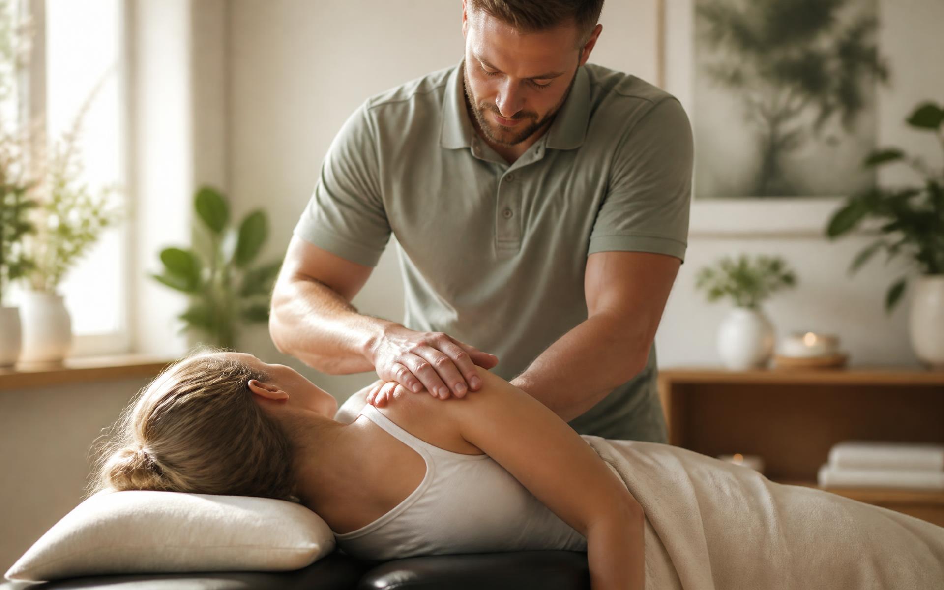 Chiropractor gently working with a patient in a calm, plant-filled treatment room
