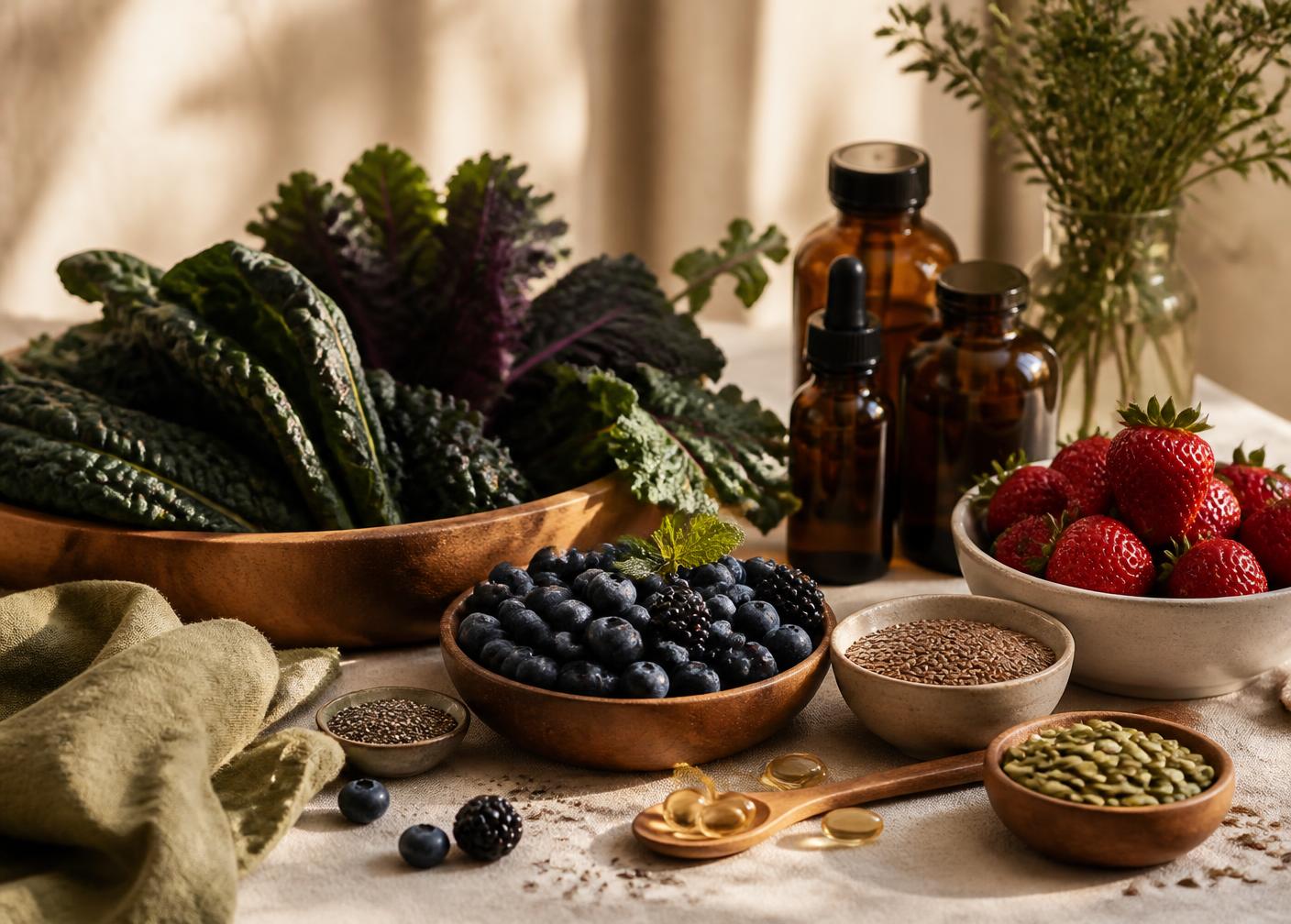 Whole foods, seeds and amber supplement bottles arranged on linen