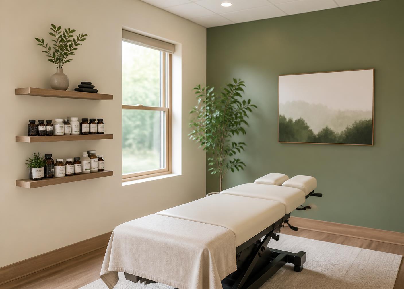 Treatment room at Total Wellness with an adjustment table and supplement shelves