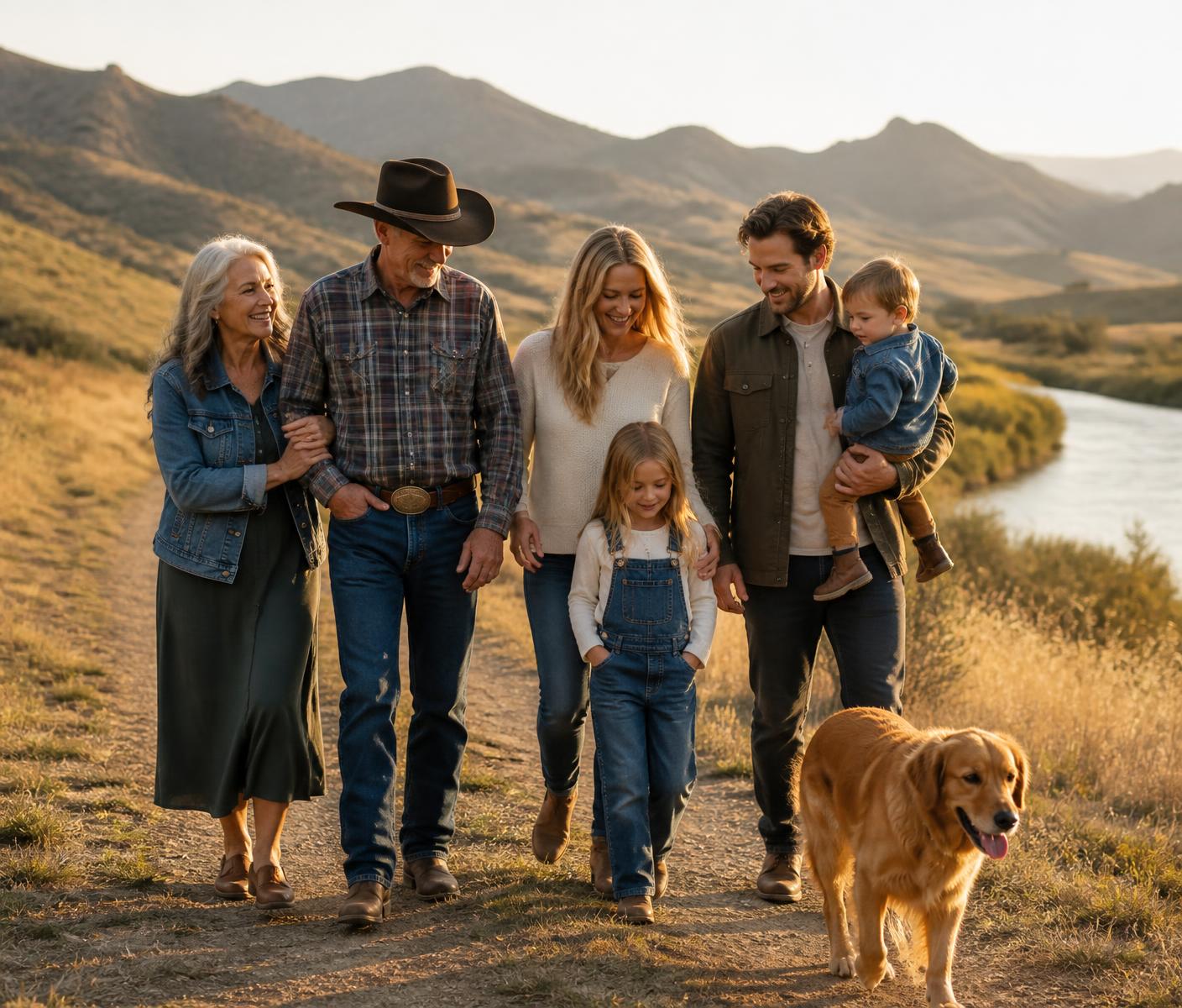 Three generations of an Idaho family walking together outdoors at sunset